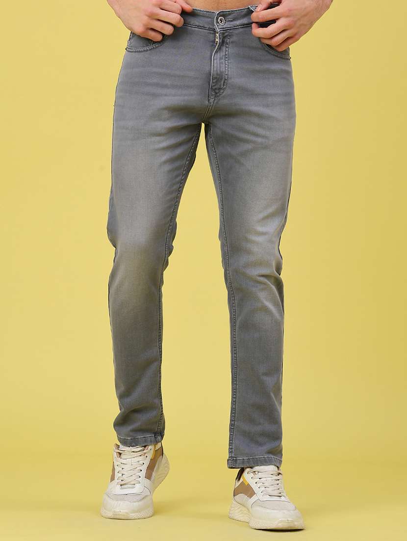 men washed mid rise full length jeans