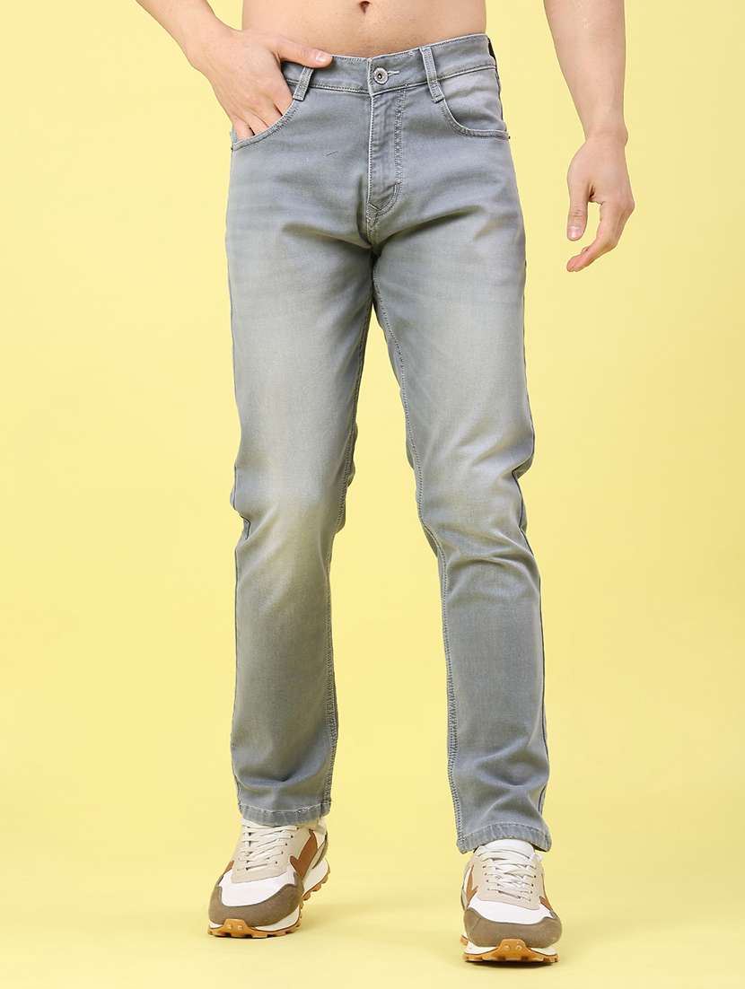 men washed mid rise full length jeans