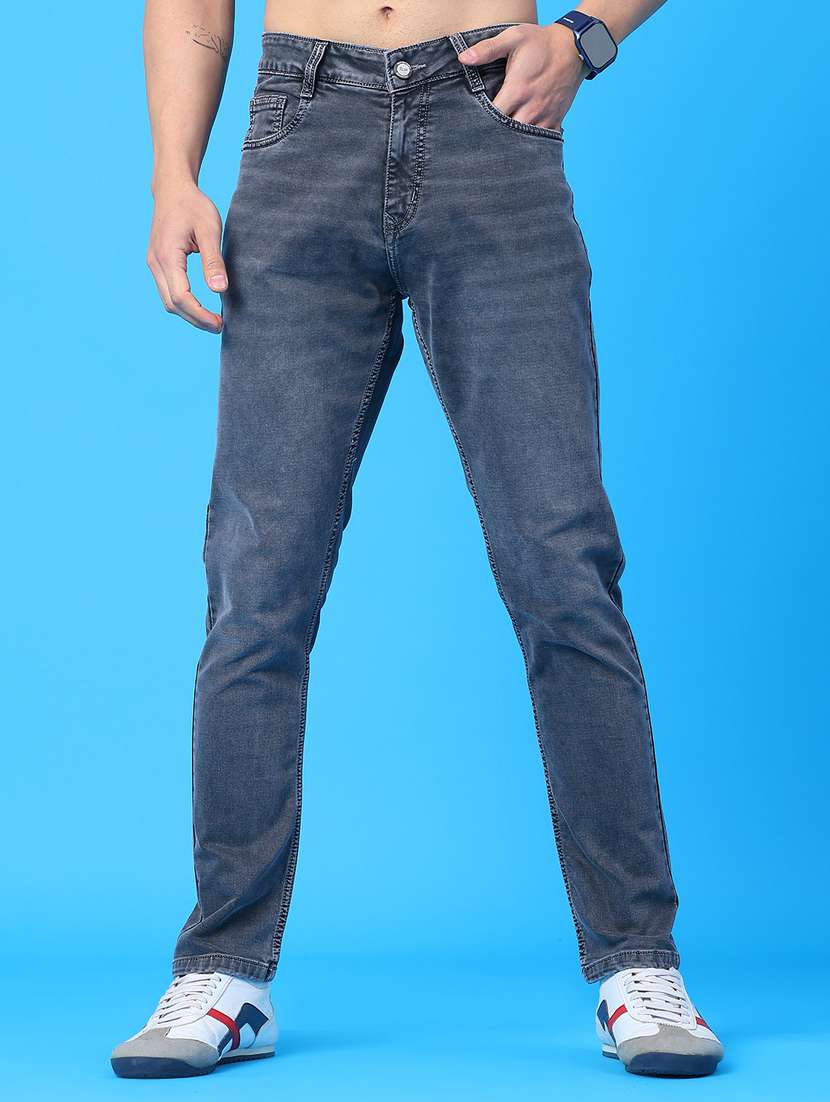 men washed mid rise full length jeans