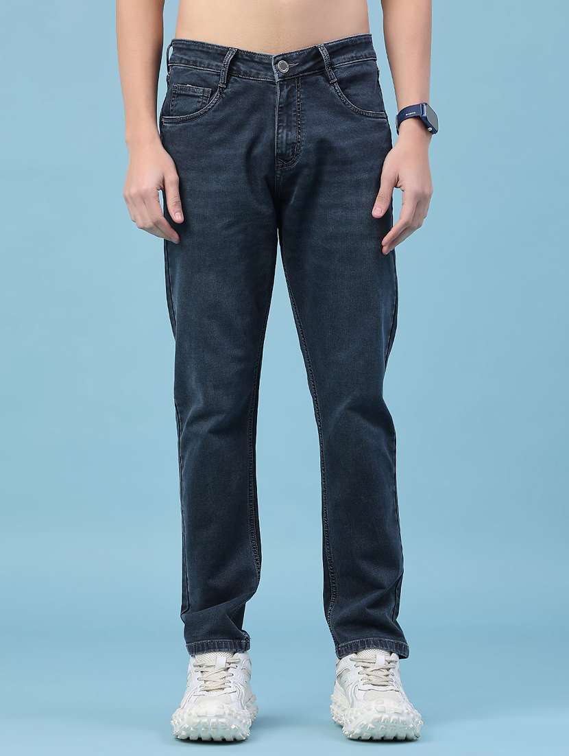 men washed mid rise full length jeans