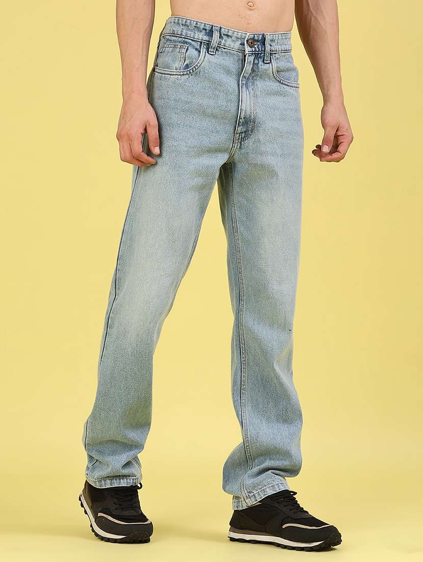 men washed mid rise full length straight jeans