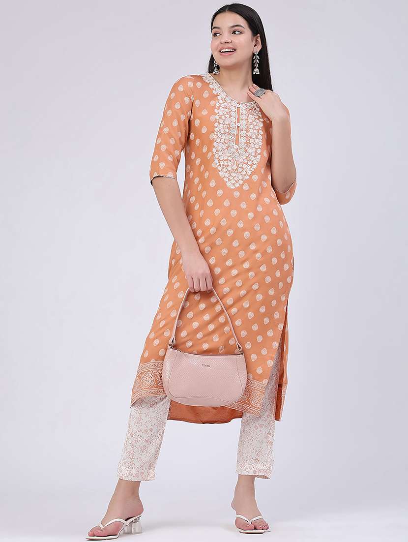 girls printed three quarter sleeves kurta and pant set