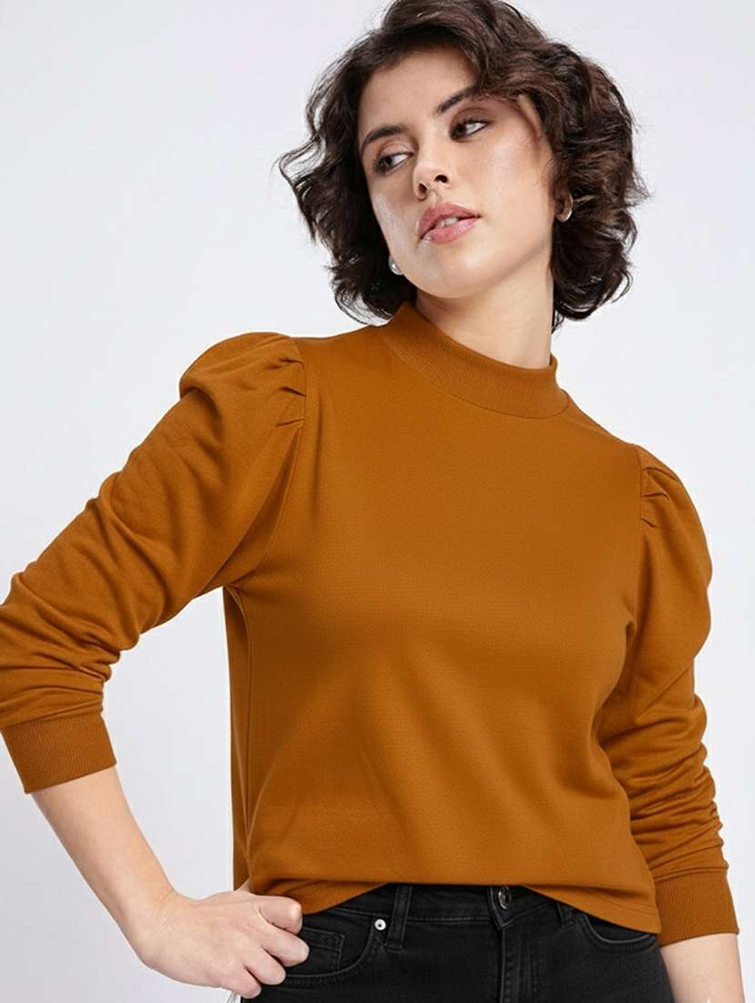 women solid puff sleeve sweatshirt