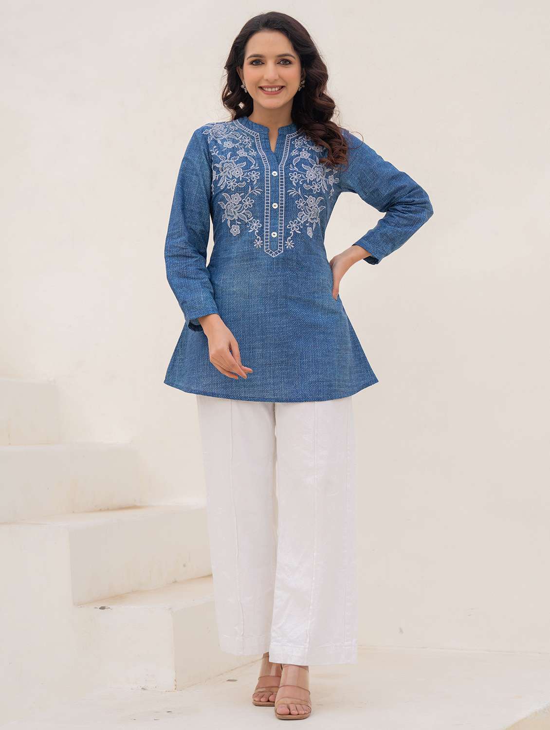 women solid with work three quarter sleeve ethnic top - 22279248 -  Standard Image - 3