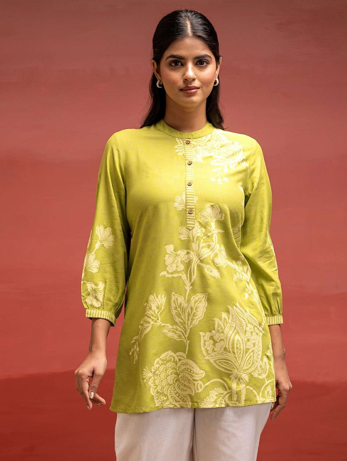 women floral printed three quarter sleeve ethnic top