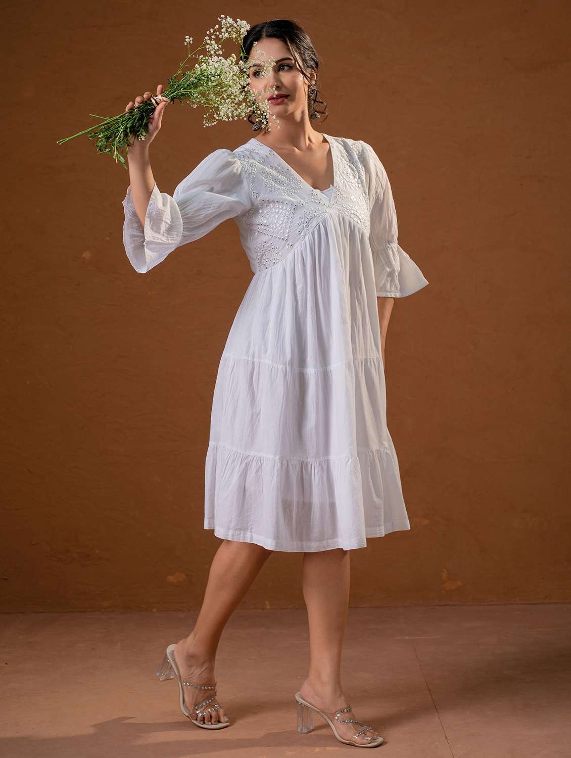 women solid with work bell sleeve ethnic dress