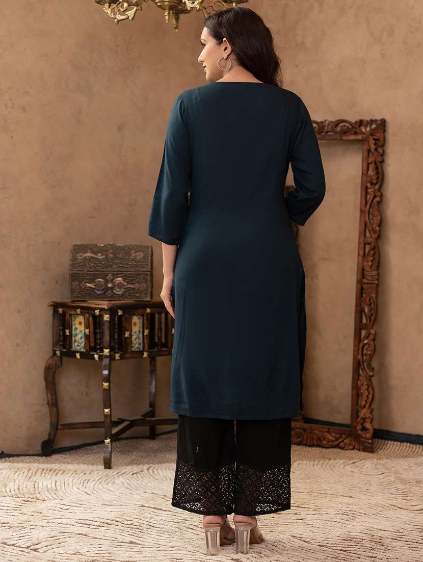 women solid with work three quarter sleeve straight kurta - 22279267 -  Standard Image - 3