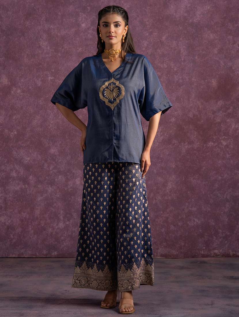 women solid with work elbow sleeve top pant set