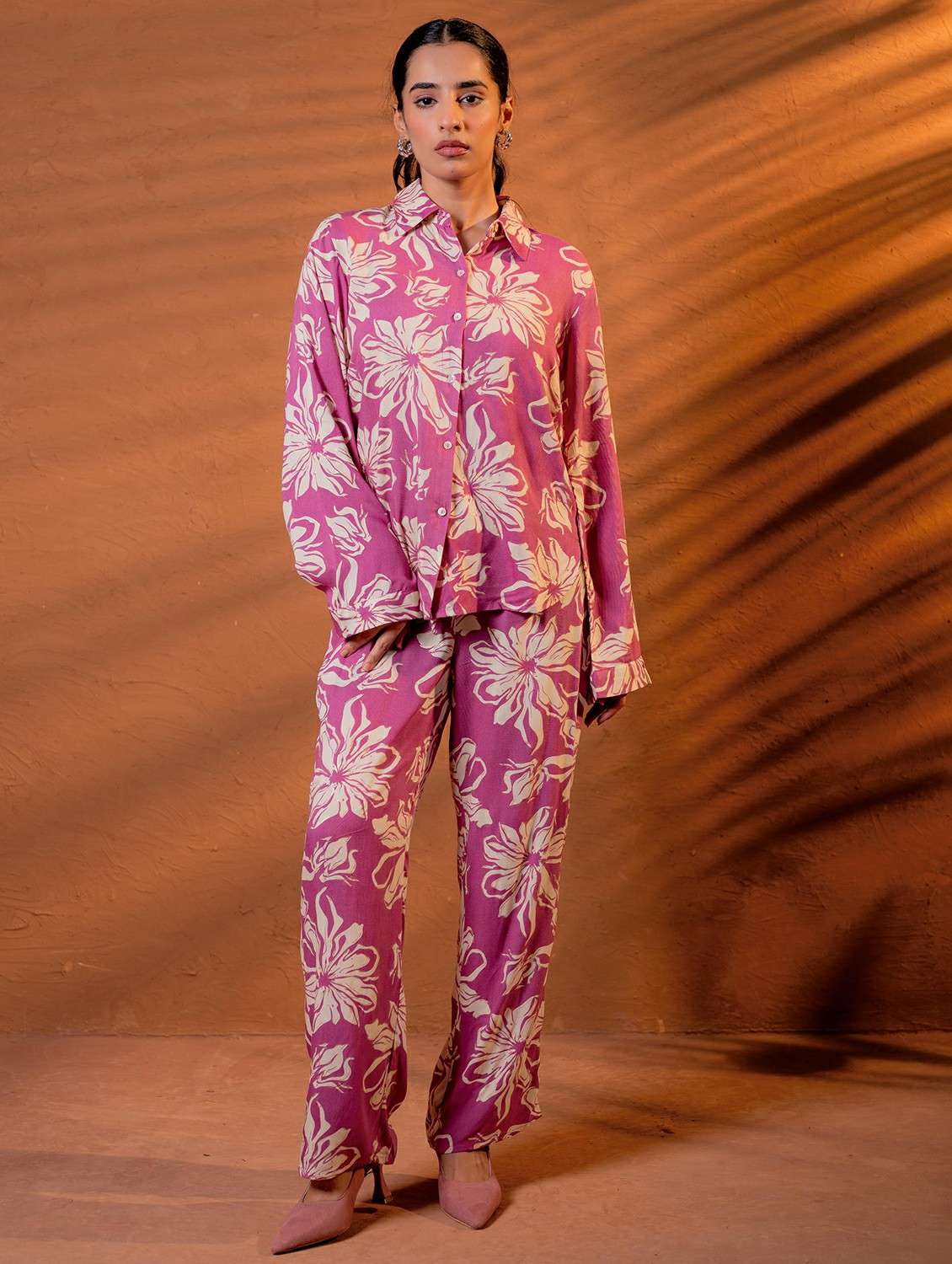 women floral long sleeve shirt & trouser co-ord set