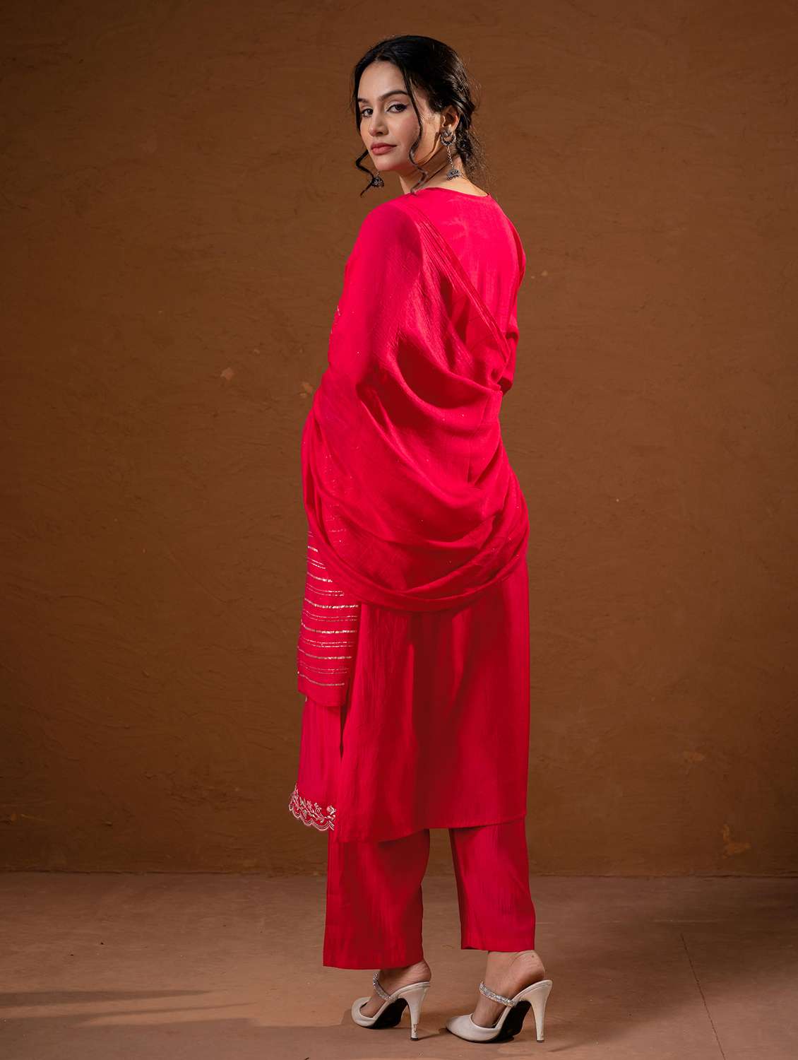 women solid with work three quarter sleeve kurta pant with dupatta set - 22279308 -  Standard Image - 3