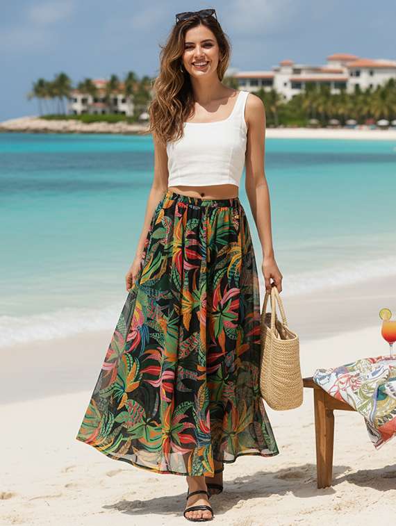 women printed mid rise flared skirt - 22279309 -  Standard Image - 3