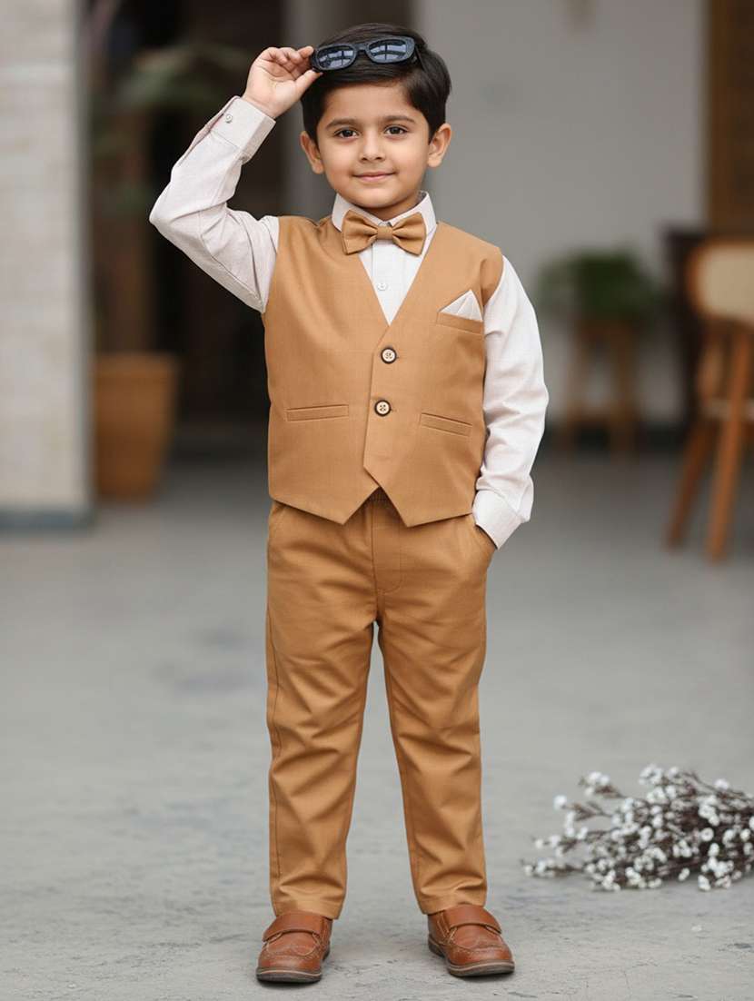 boys solid collared shirt and trouser suit set