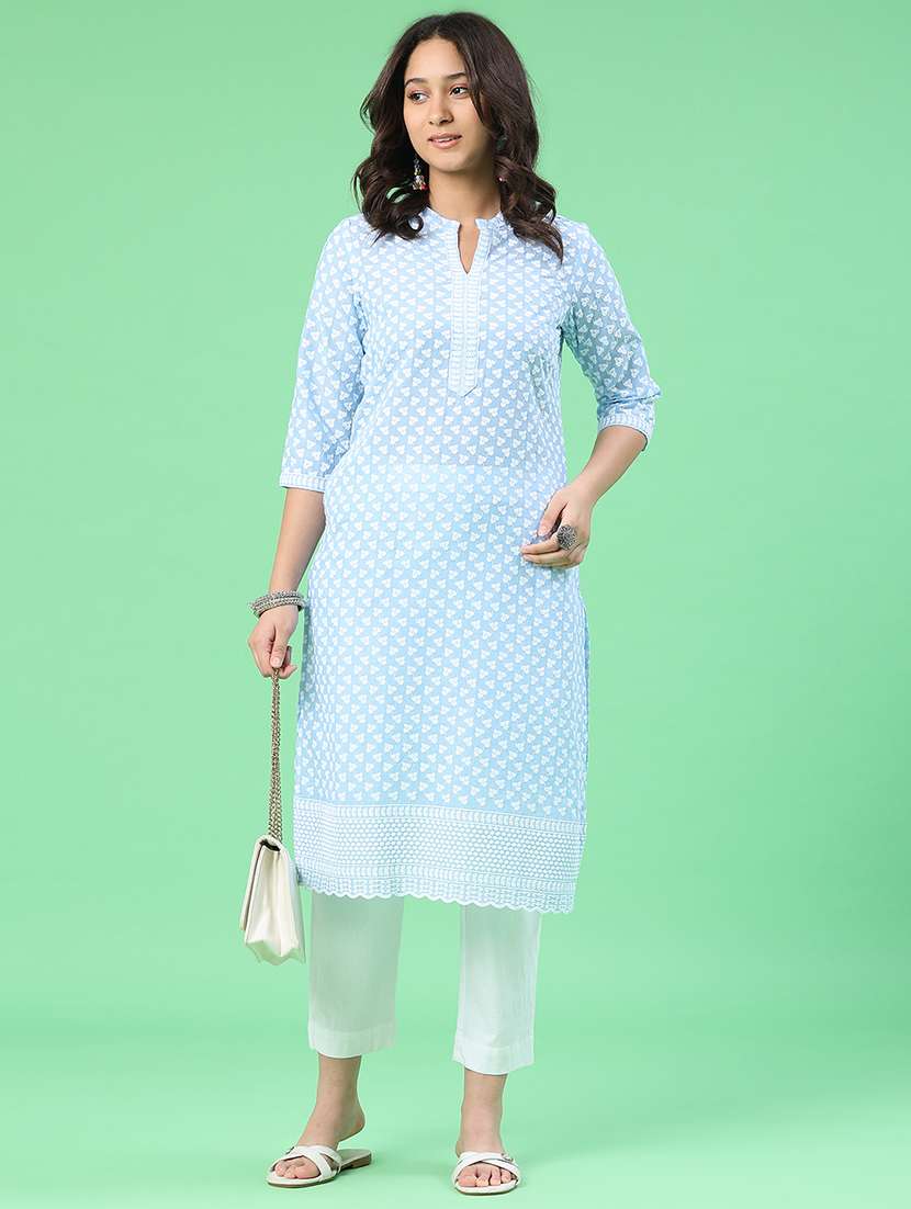 women embroidered three quarter sleeves straight kurta
