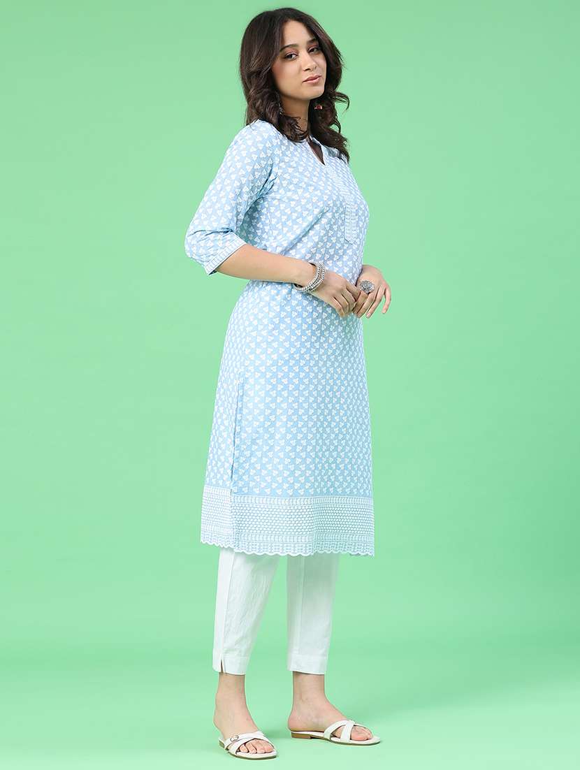 women embroidered three quarter sleeves straight kurta - 22279718 -  Standard Image - 3