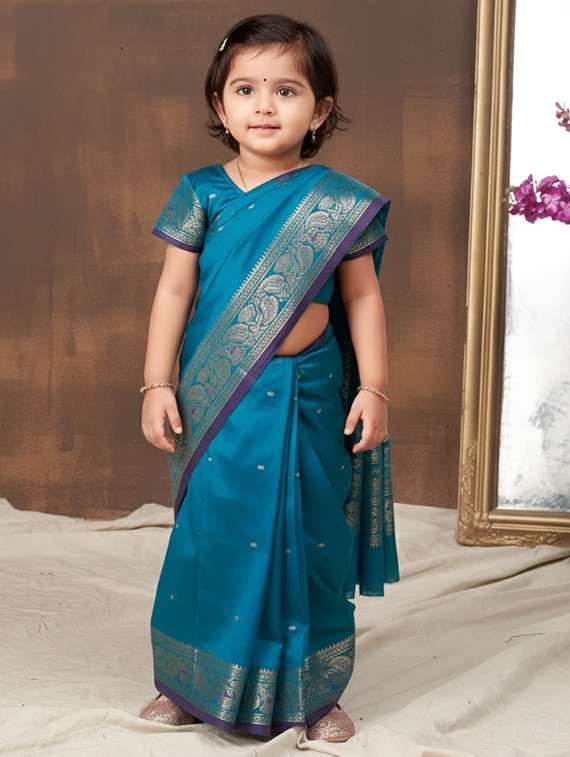 girls self designed bordered pre draped saree