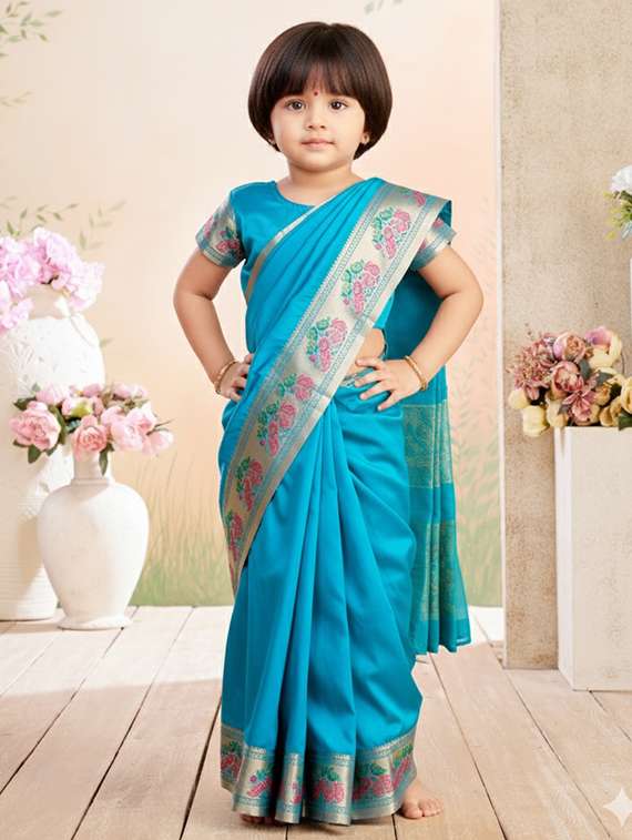 girls self designed bordered pre draped saree