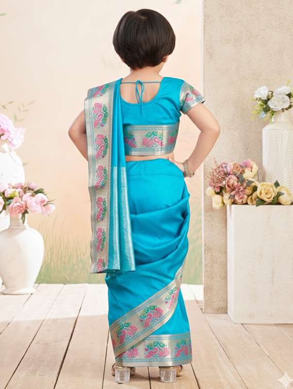 girls self designed bordered pre draped saree - 22280092 -  Standard Image - 3