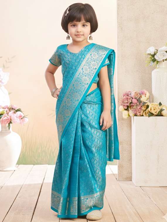 girls self designed bordered pre draped saree