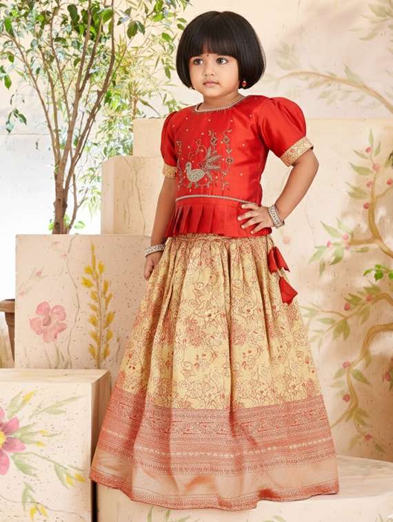 girls embroidered puff sleeve lehenga and choli set