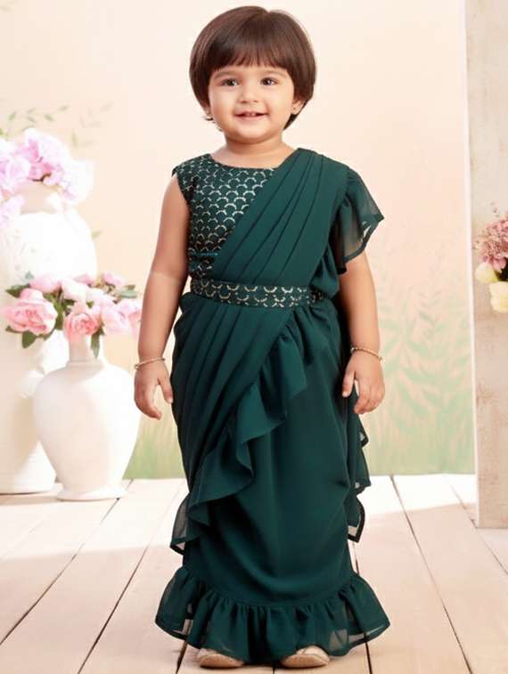 girls solid ruffle pre draped saree