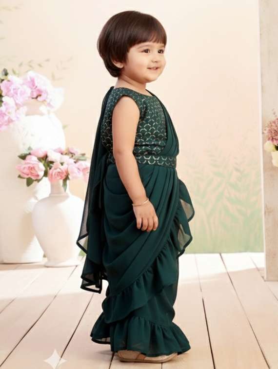girls solid ruffle pre draped saree - 22280112 -  Standard Image - 3