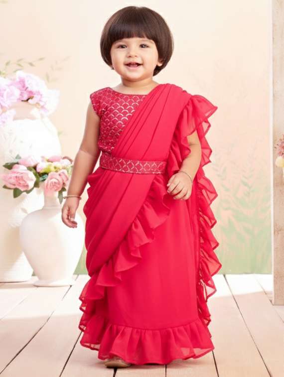 girls solid ruffle pre draped saree