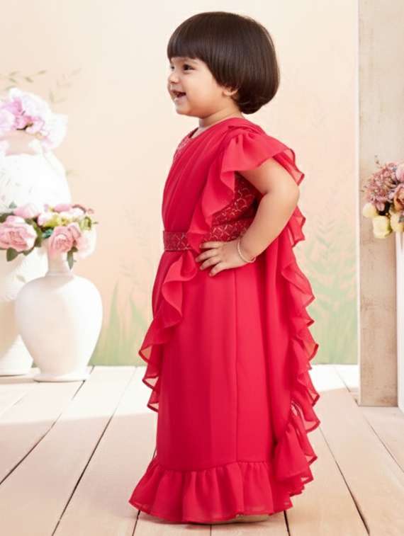 girls solid ruffle pre draped saree - 22280114 -  Standard Image - 3