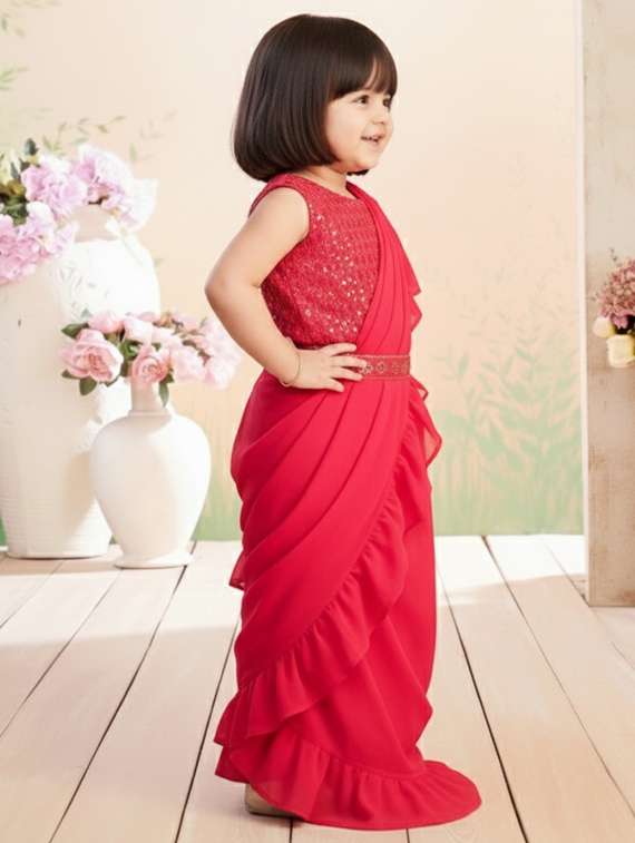 girls solid ruffle pre draped saree - 22280116 -  Standard Image - 3