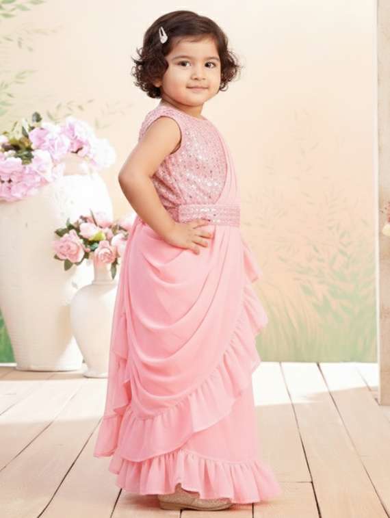 girls solid ruffle pre draped saree - 22280120 -  Standard Image - 3