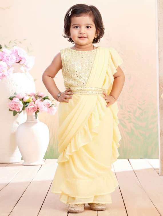 girls solid ruffle pre draped saree