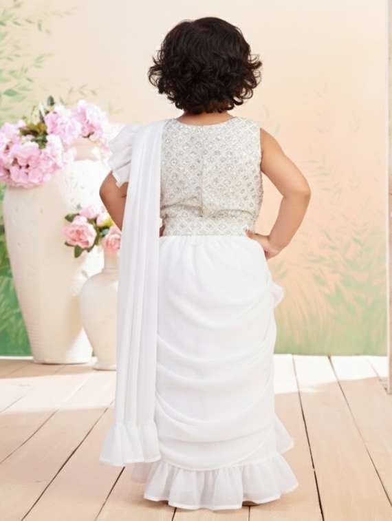 girls solid ruffle pre draped saree - 22280122 -  Standard Image - 3
