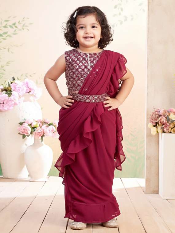girls solid ruffle pre draped saree