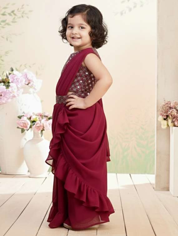 girls solid ruffle pre draped saree - 22280123 -  Standard Image - 3