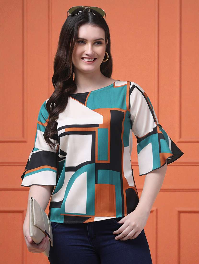 women color blocked bell sleeve regular top