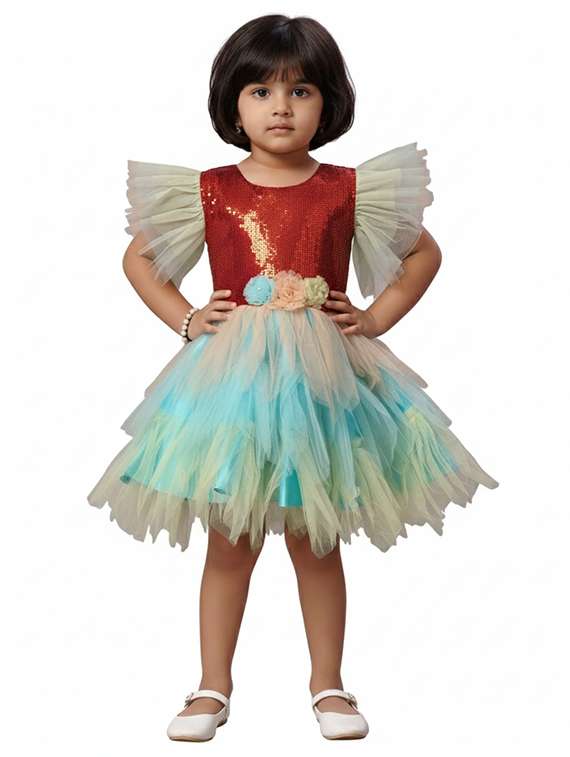 girls sequined round neck flared dress