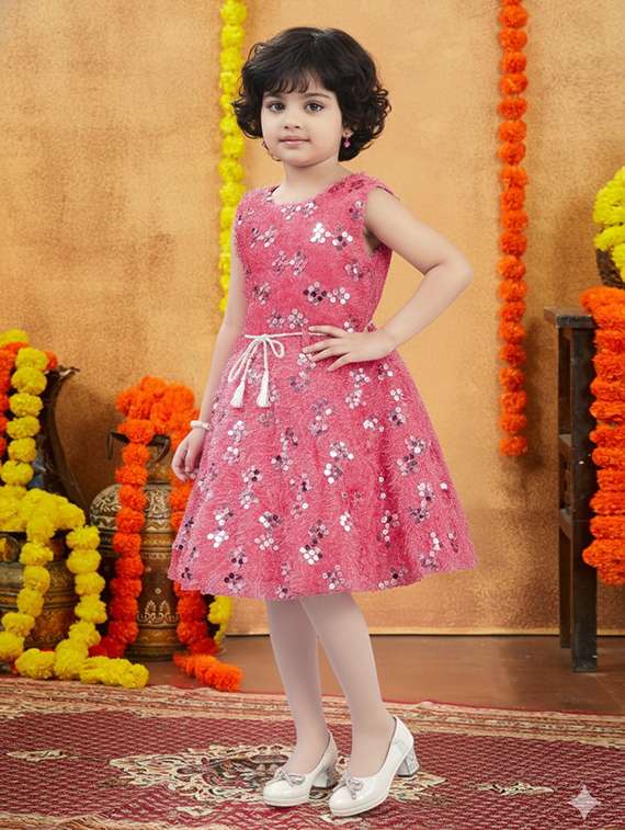 kids solid with work round neck dress - 22280142 -  Standard Image - 3