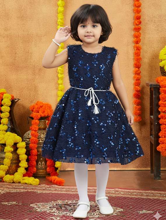 kids solid with work round neck dress