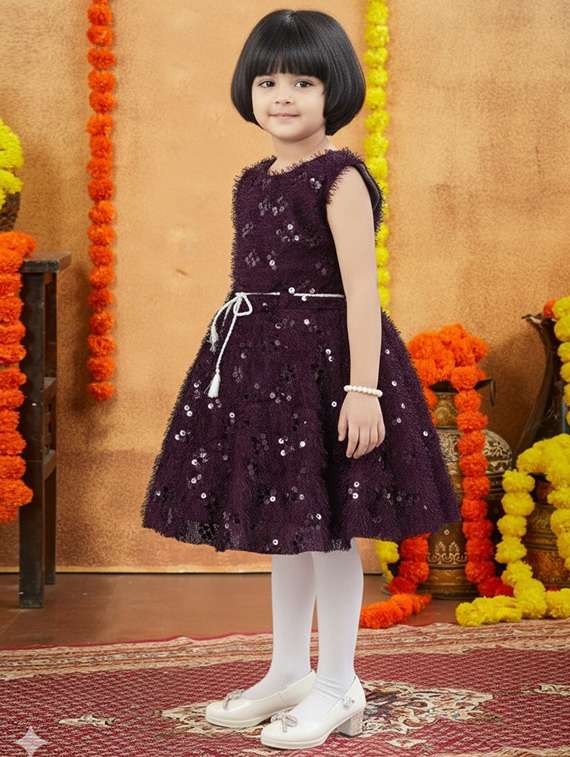 kids solid with work round neck dress - 22280144 -  Standard Image - 3