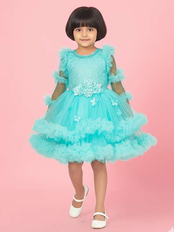 girls self designed round neck flared dress