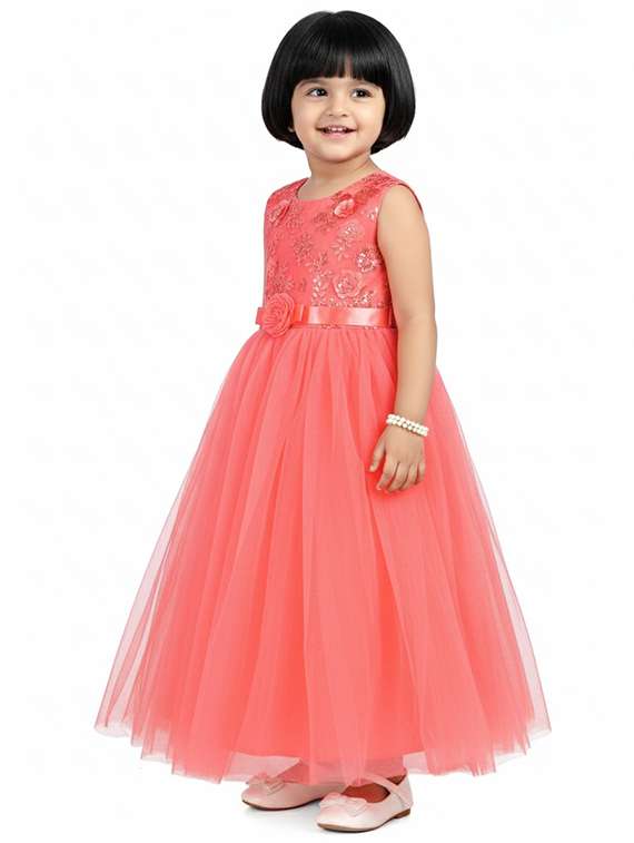 kids solid with work round neck dress - 22280165 -  Standard Image - 3