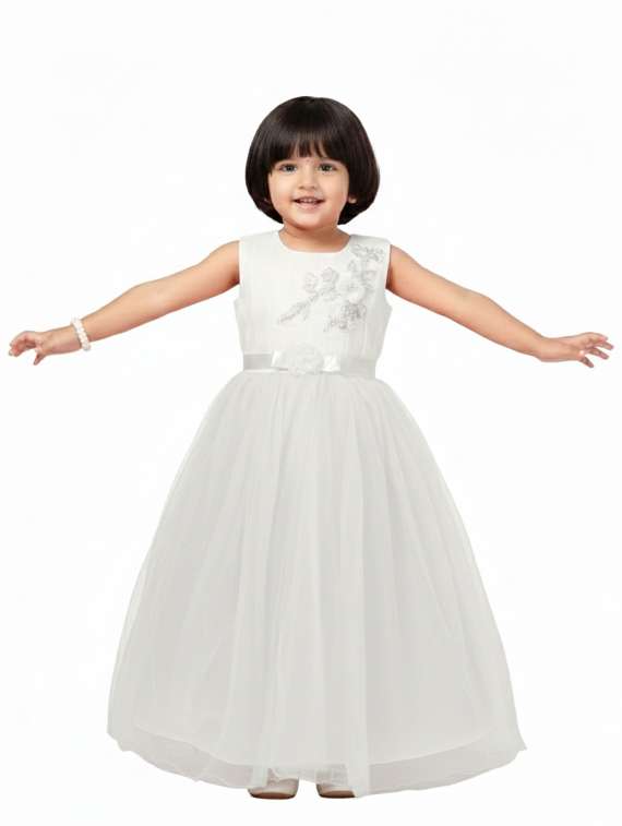 kids solid with work round neck dress