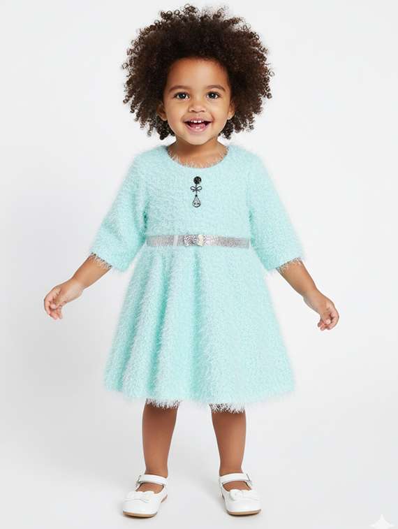 girls self designed round neck fit & flare dress