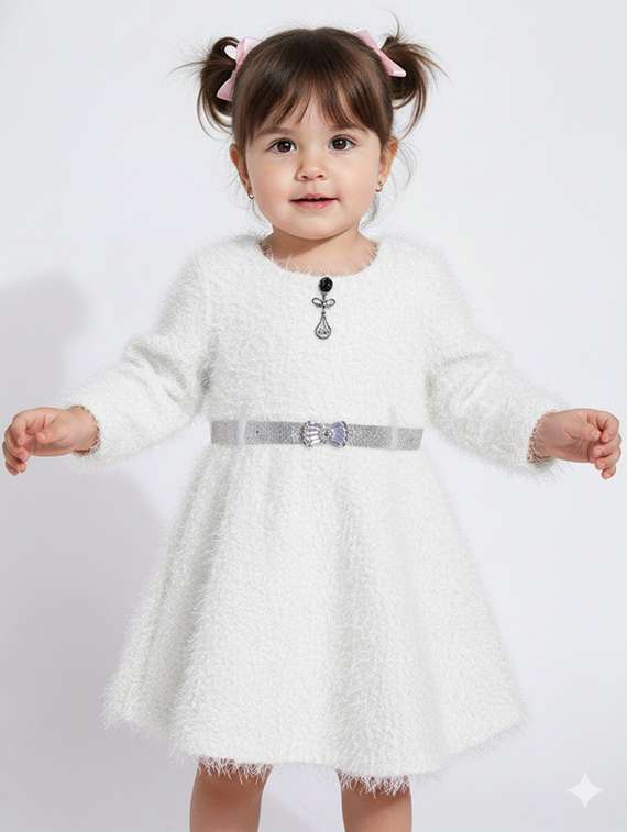 girls self designed round neck fit & flare dress