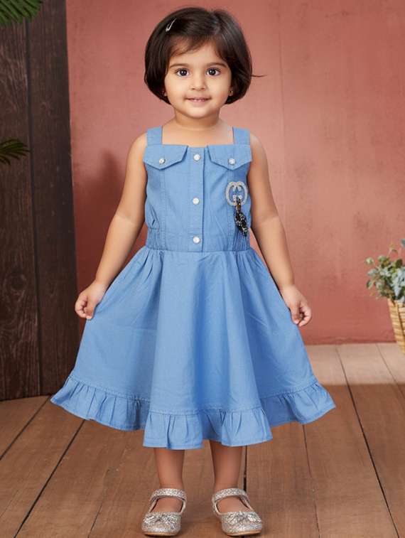 girls solid sleeveless denim fit & flare dress