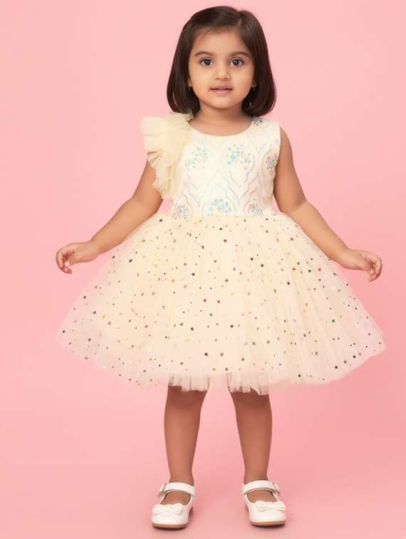 kids solid with work round neck dress