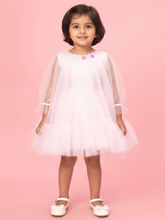 girls solid puff sleeve tiered dress