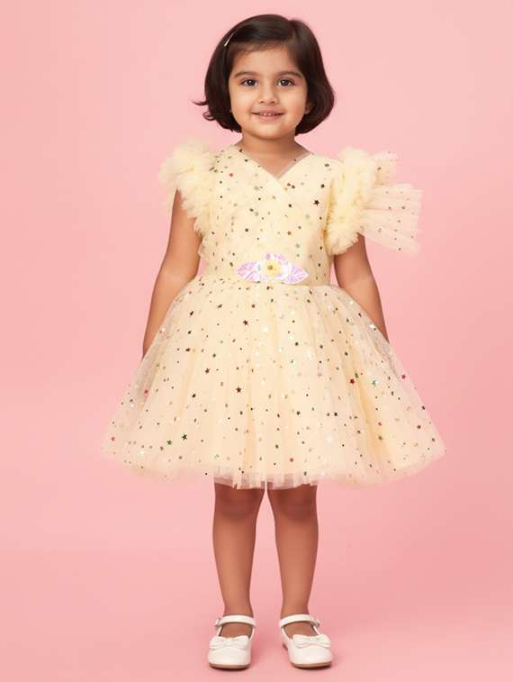 girls self designed ruffle sleeve net fit & flare dress