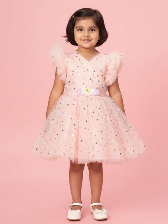 girls self designed ruffle sleeve net fit & flare dress