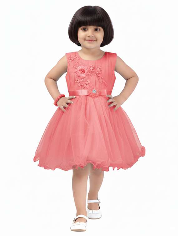 kids solid with work round neck dress