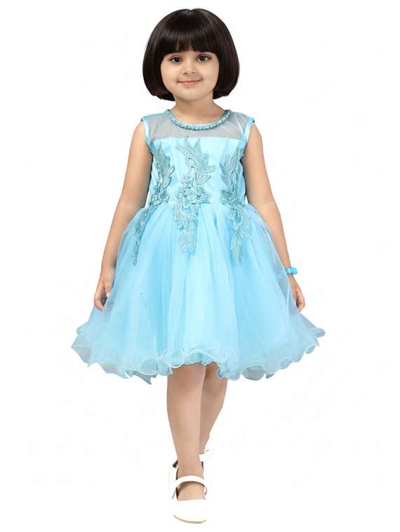 kids solid with work round neck dress